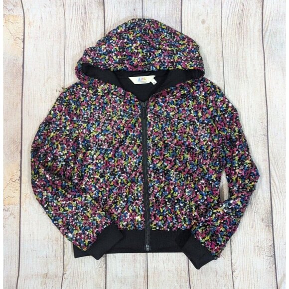LITTLE ELEVEN PARIS Kids Girls Sequin Jacket Hooded Long Sleeve Colorful Size 6 - Picture 1 of 7